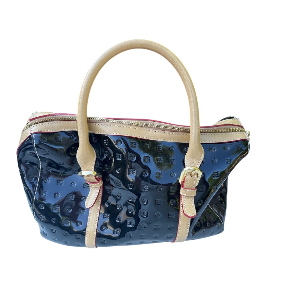 Arcadia Black Patent Leather Satchel Bag Tan Trim Made in Italy Embossed‎ Logo